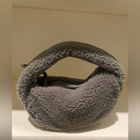 By Far gray cement color mini Sherpa bag with leather trim - Picture 1 of 15